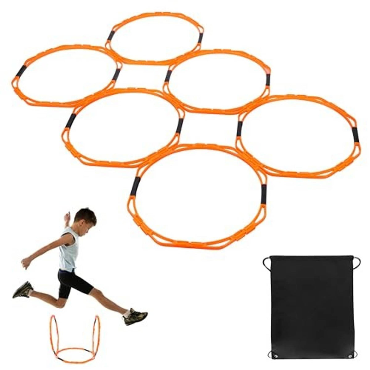Orange octagonal agility ring set with black connector pads and black storage bag.