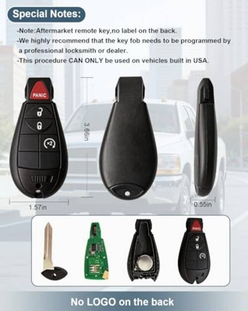 Black key fob front and back with red PANIC button, includes key blade and key ring