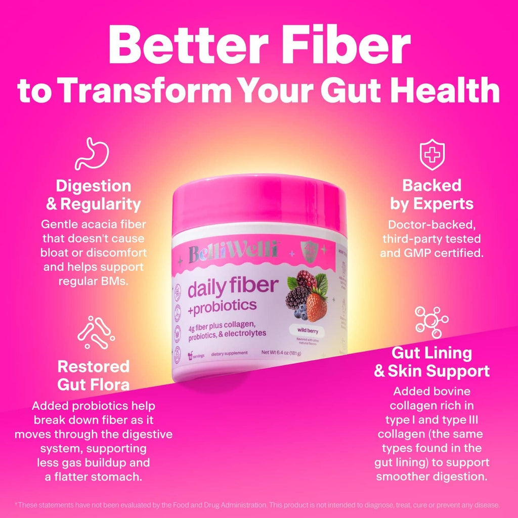 Pink daily fiber and probiotics tub with wild berry graphics and health badge icons
