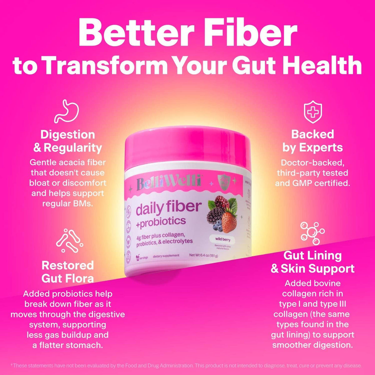 Pink daily fiber and probiotics tub with wild berry graphics and health badge icons