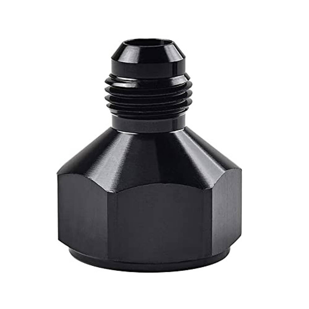 Black flare reducer adapter with hex body, stacked threads, and tapered collar