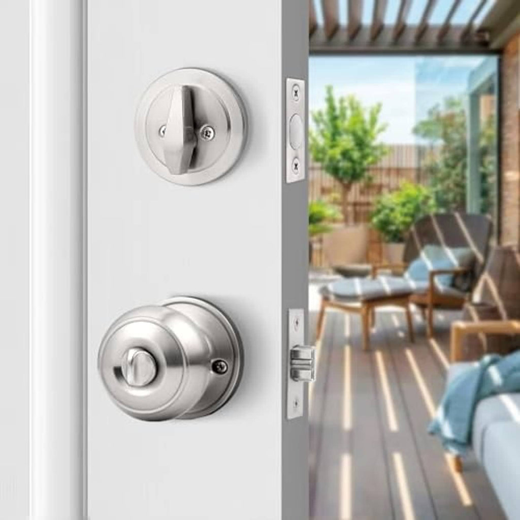 Brushed nickel deadbolt and knob set shown on a front door panel