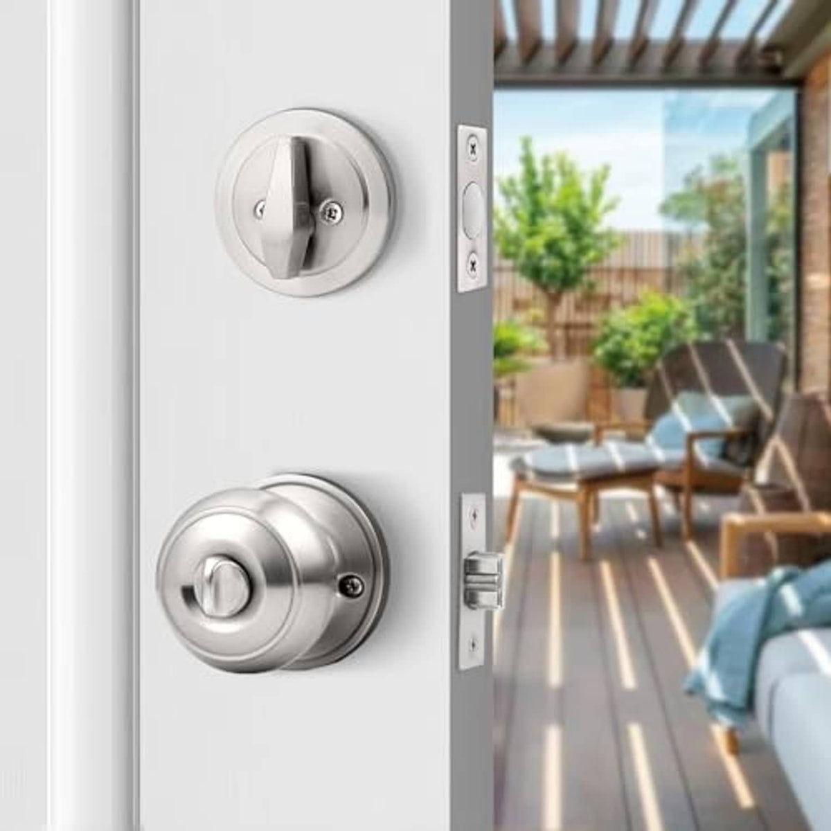 Brushed nickel deadbolt and knob set shown on a front door panel
