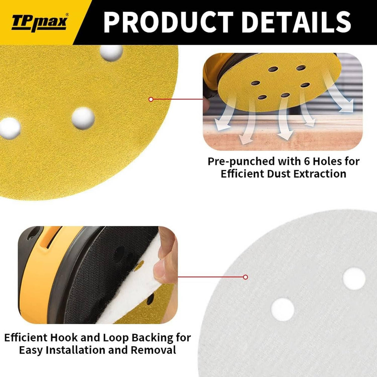 Close-up of gold 6-hole sanding disc with hook-and-loop backing underneath