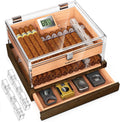 Clear acrylic cigar humidor box with wooden base, display hygrometer, lock latches, drawers