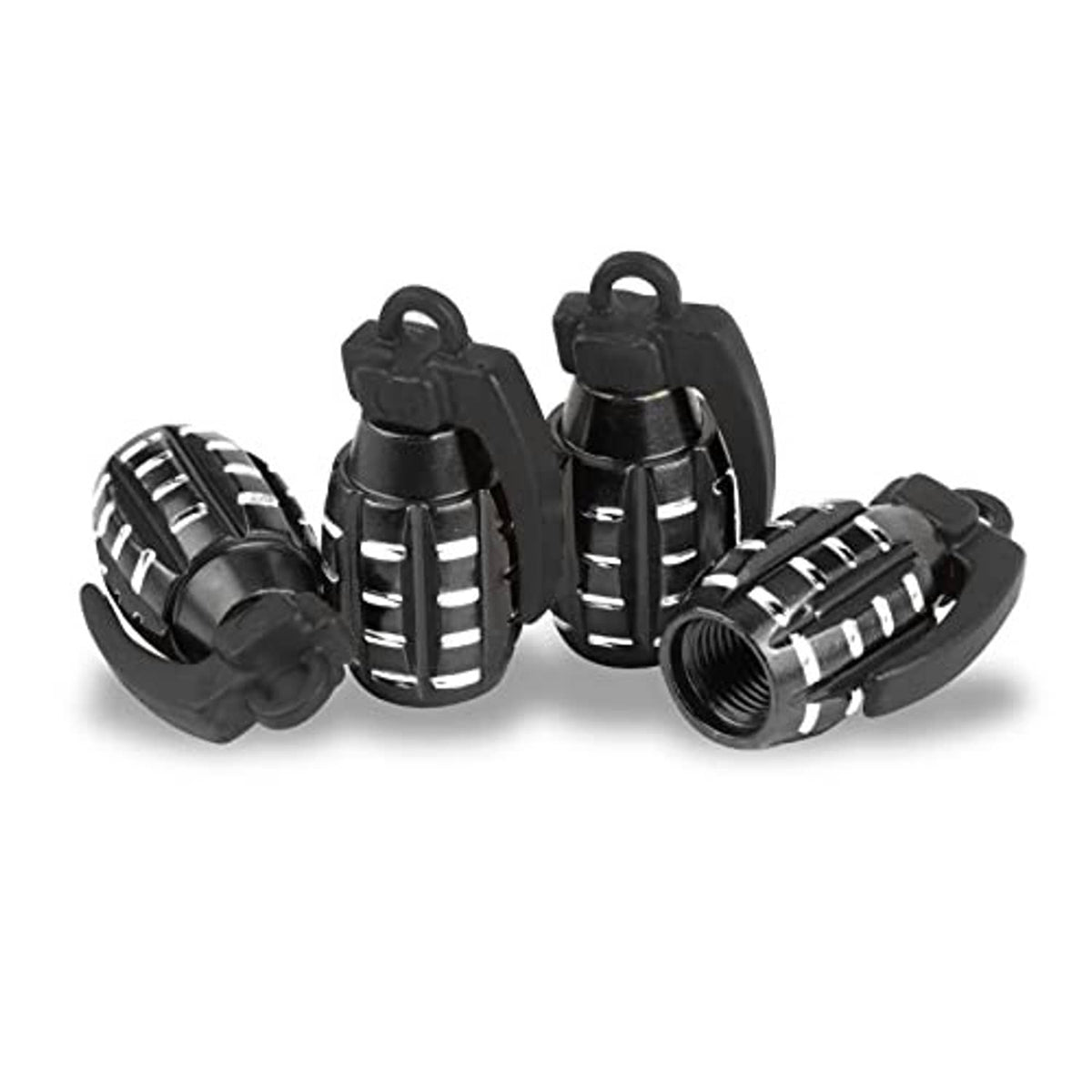 Five-pack look: black tire valve stem caps with ridged, striped design