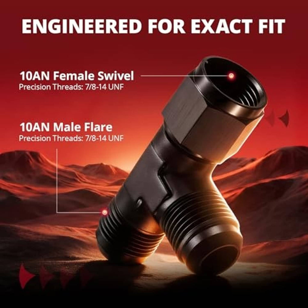Dark AN10 swivel adapter with male flare end and female swivel port