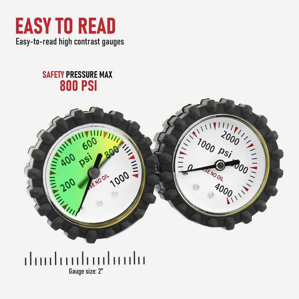 Nitrogen regulator gauges with high-contrast dials and green/red indicator markings