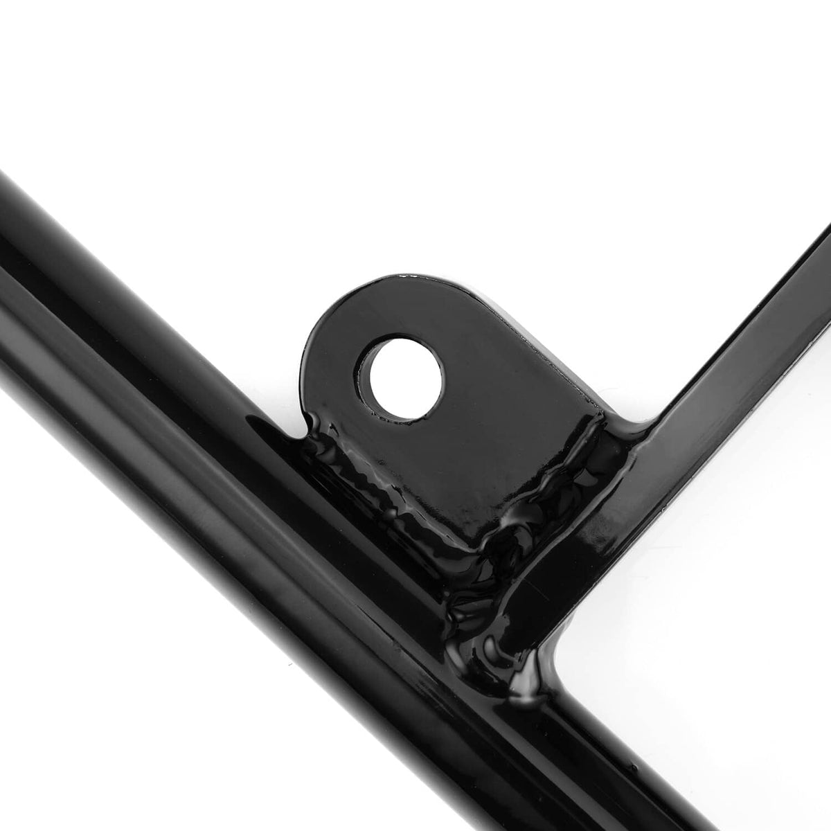 Black metal rear grab bar with round mounting hole and glossy finish