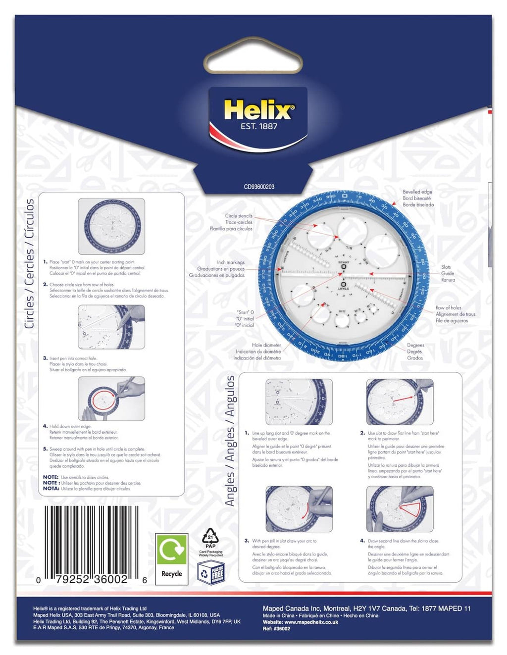 Angle and circle maker tool in retail package with blue backer and Helix branding