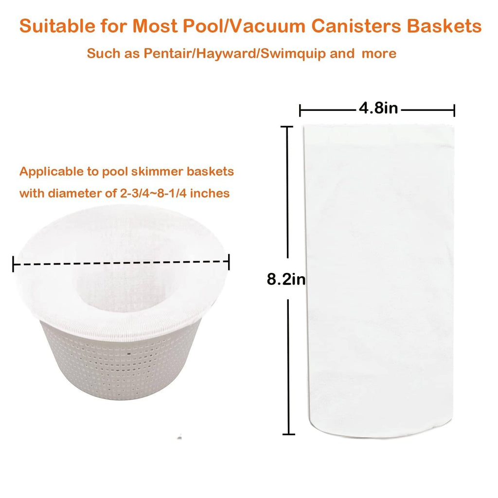 White pool skimmer sock filter bag with height and width size marks