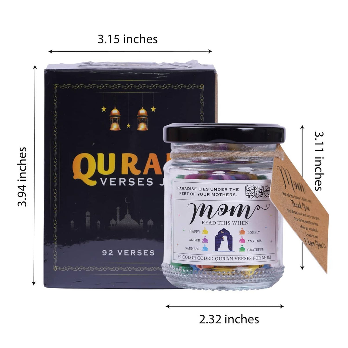 Quran verses jar with dark lid, boxed 92-verse design, and Mom greeting card
