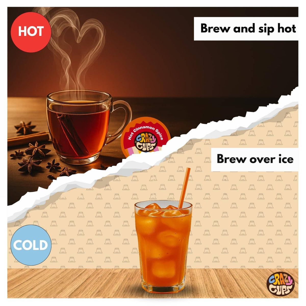 Crazy Cups hot and cold tea mugs with tea pod, showing hot and iced drinks