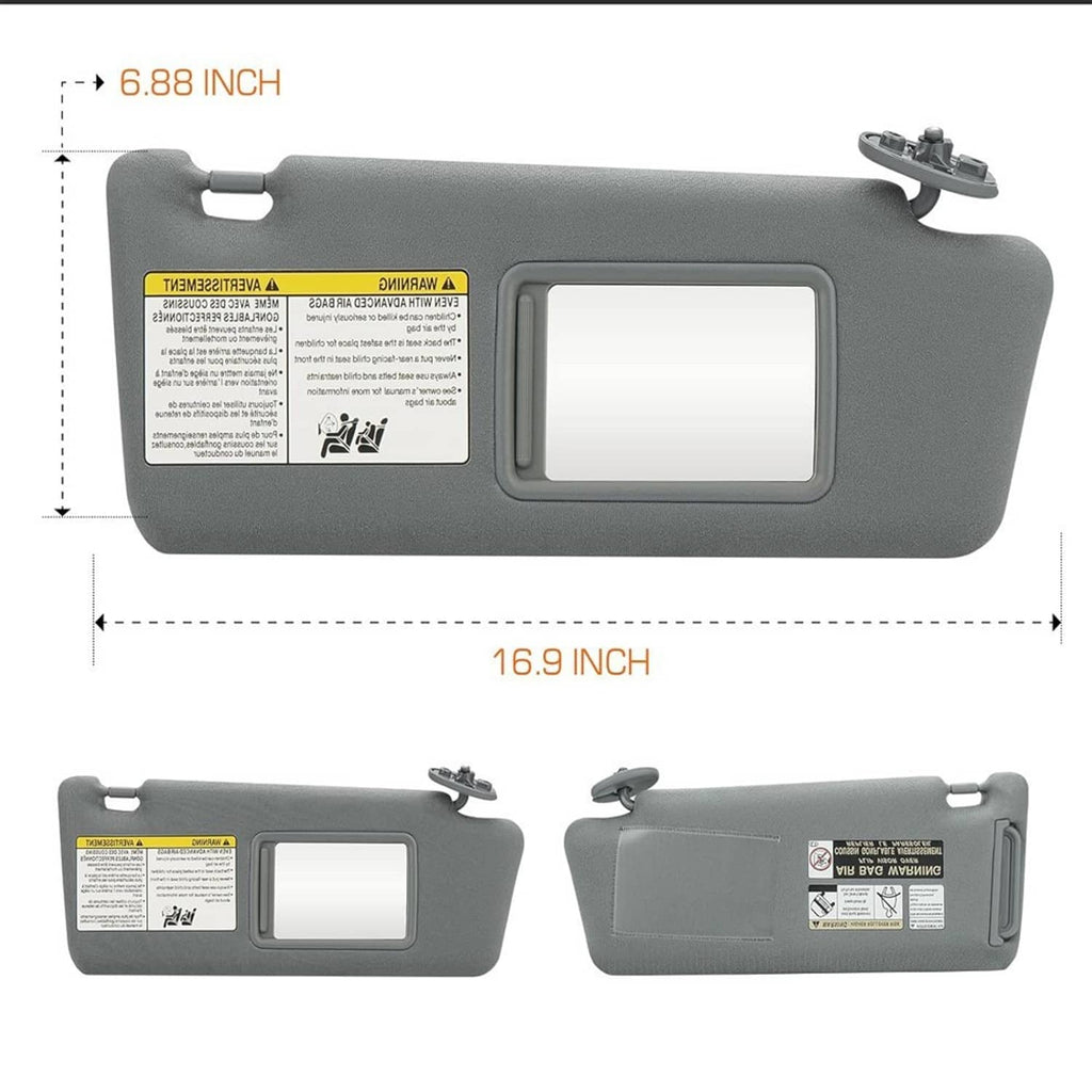 Gray sun visors with rectangular mirror windows, warning labels, and mounting clips.