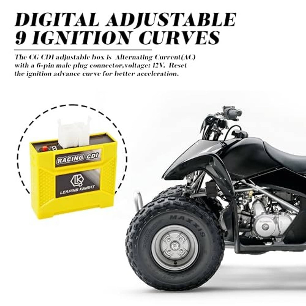 Yellow digital adjustable 9 ignition CDI box with white connector plugs and red button