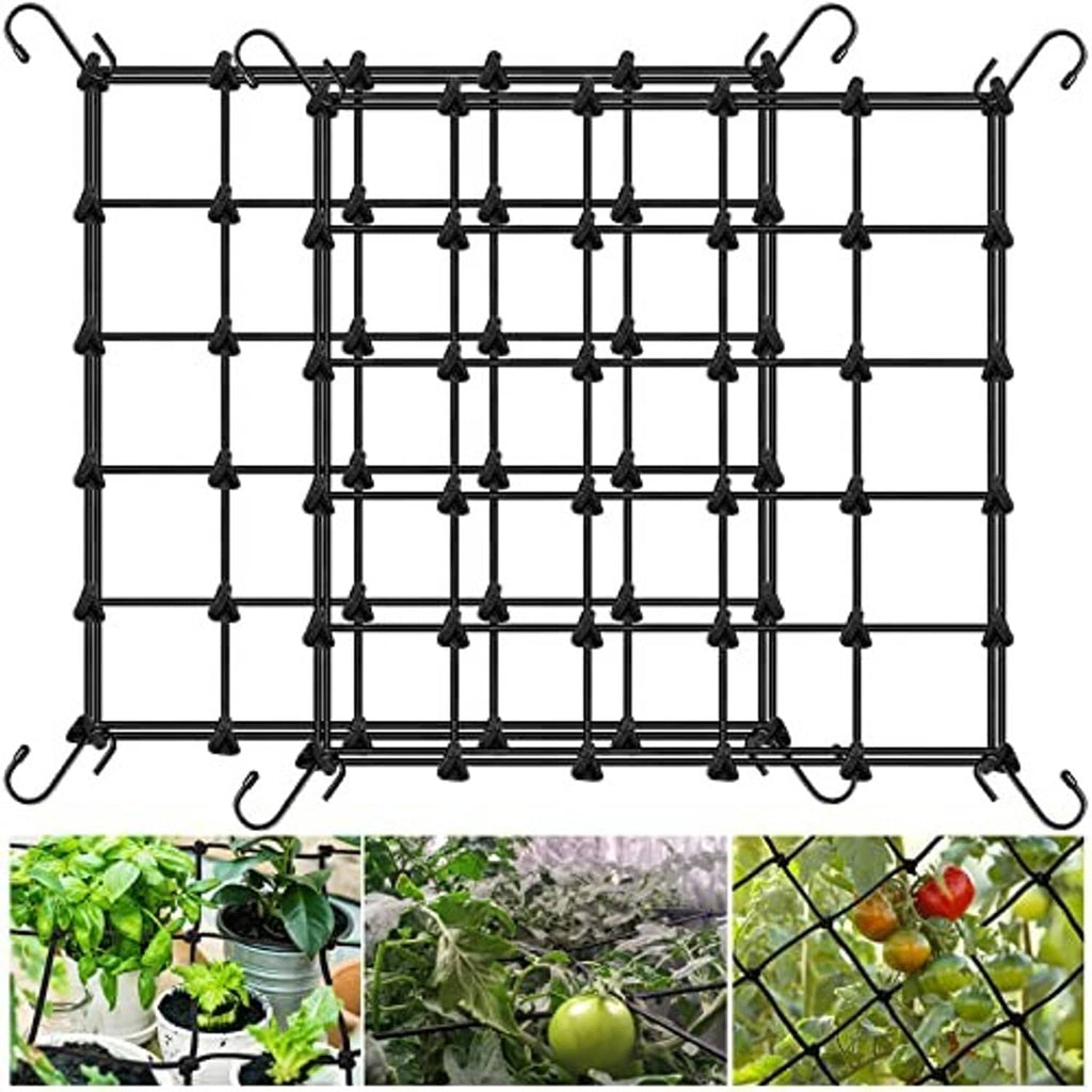 Black trellis netting panel with evenly spaced square grid and hanging hooks
