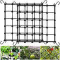 Black trellis netting panel with evenly spaced square grid and hanging hooks