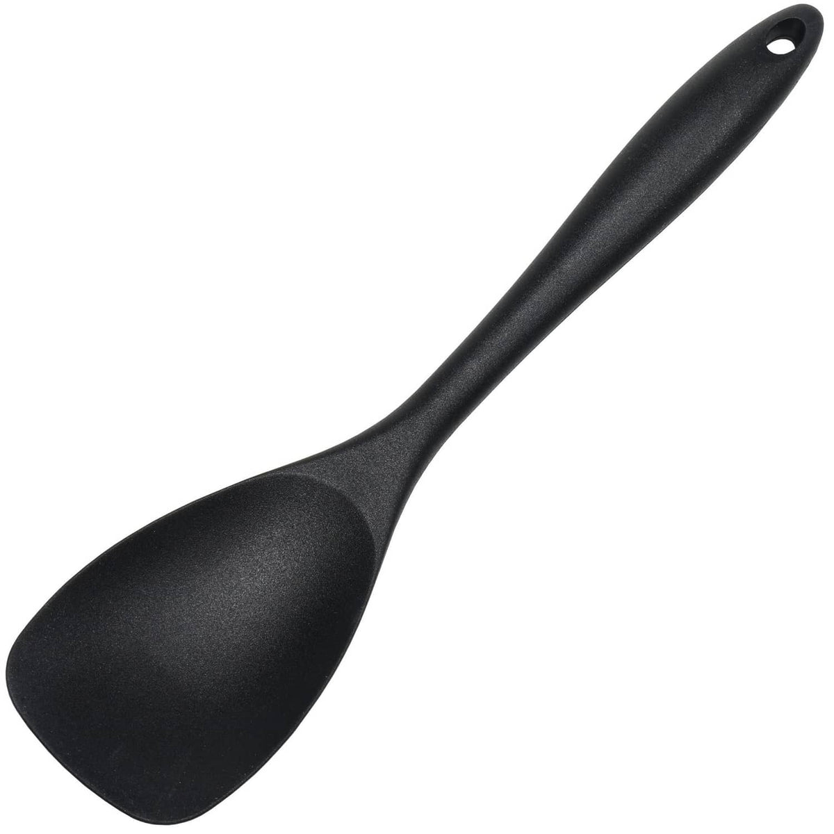 Black silicone spoon spatula with curved head and hanging loop, 11.5 in