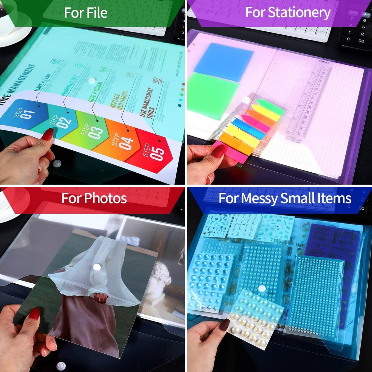 Hand placing cards and notes into translucent plastic A4 envelopes with snap closures