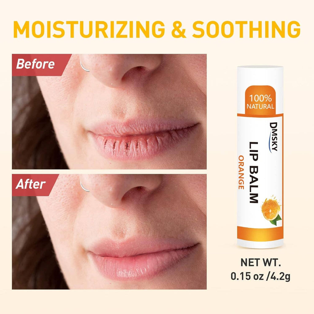 Lip balm before-and-after on chapped lips beside a single balm tube