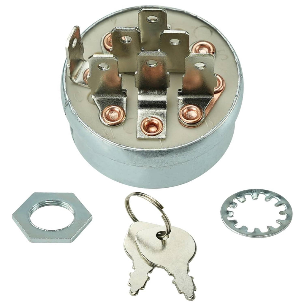 Ignition starter switch core with 7 metal terminals, silver body and two keys