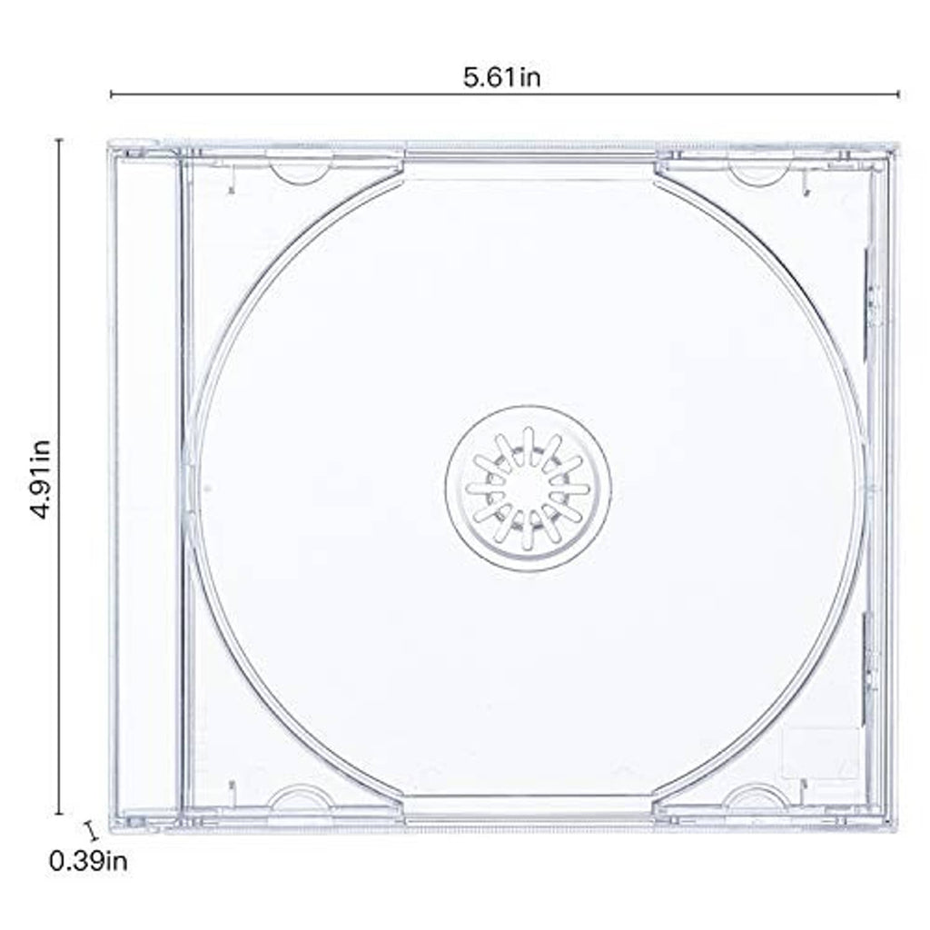 Clear single CD jewel case dimensions shown; front view with attached tray and disc