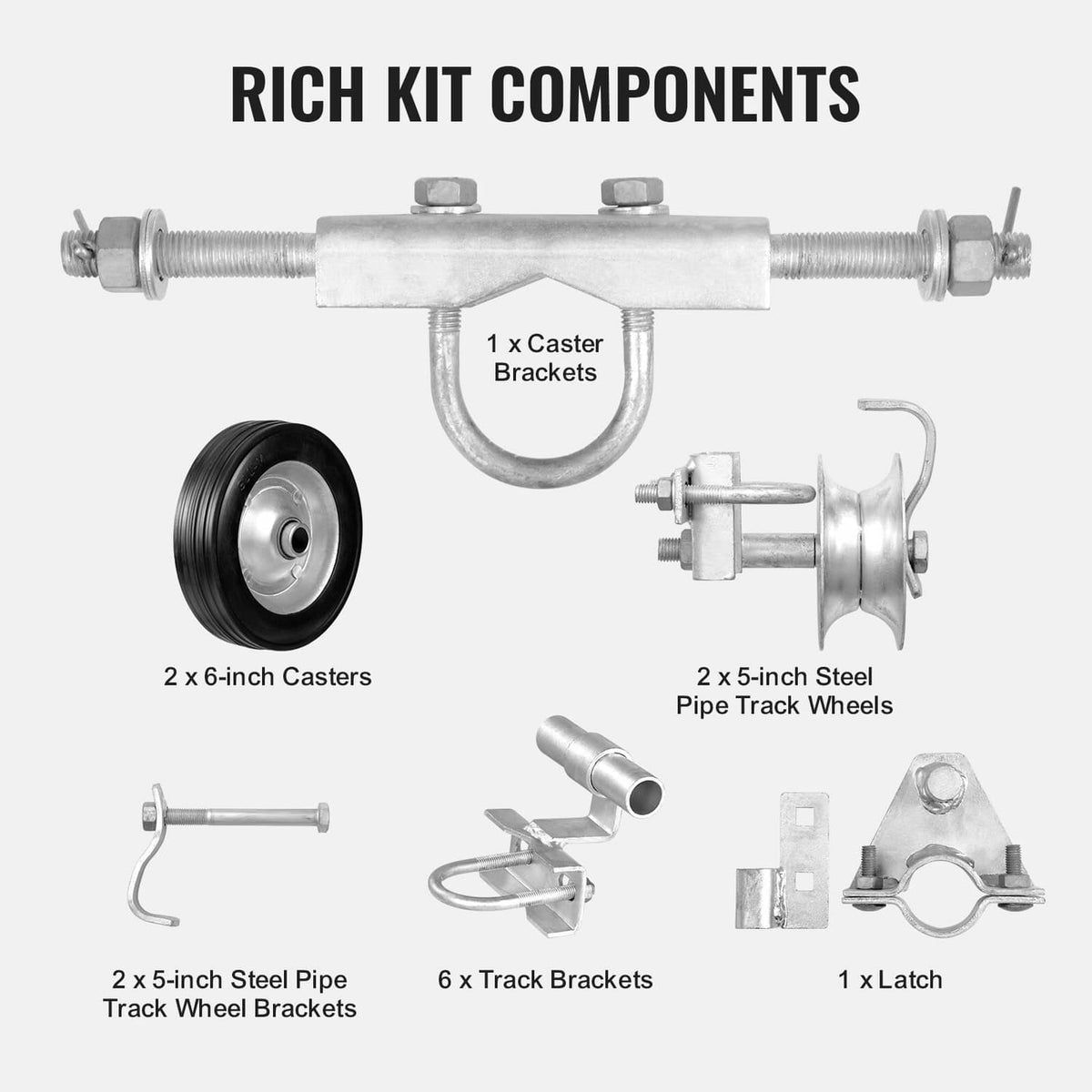 Sliding gate roller kit parts set: casters, track brackets, pipe wheel brackets, latch