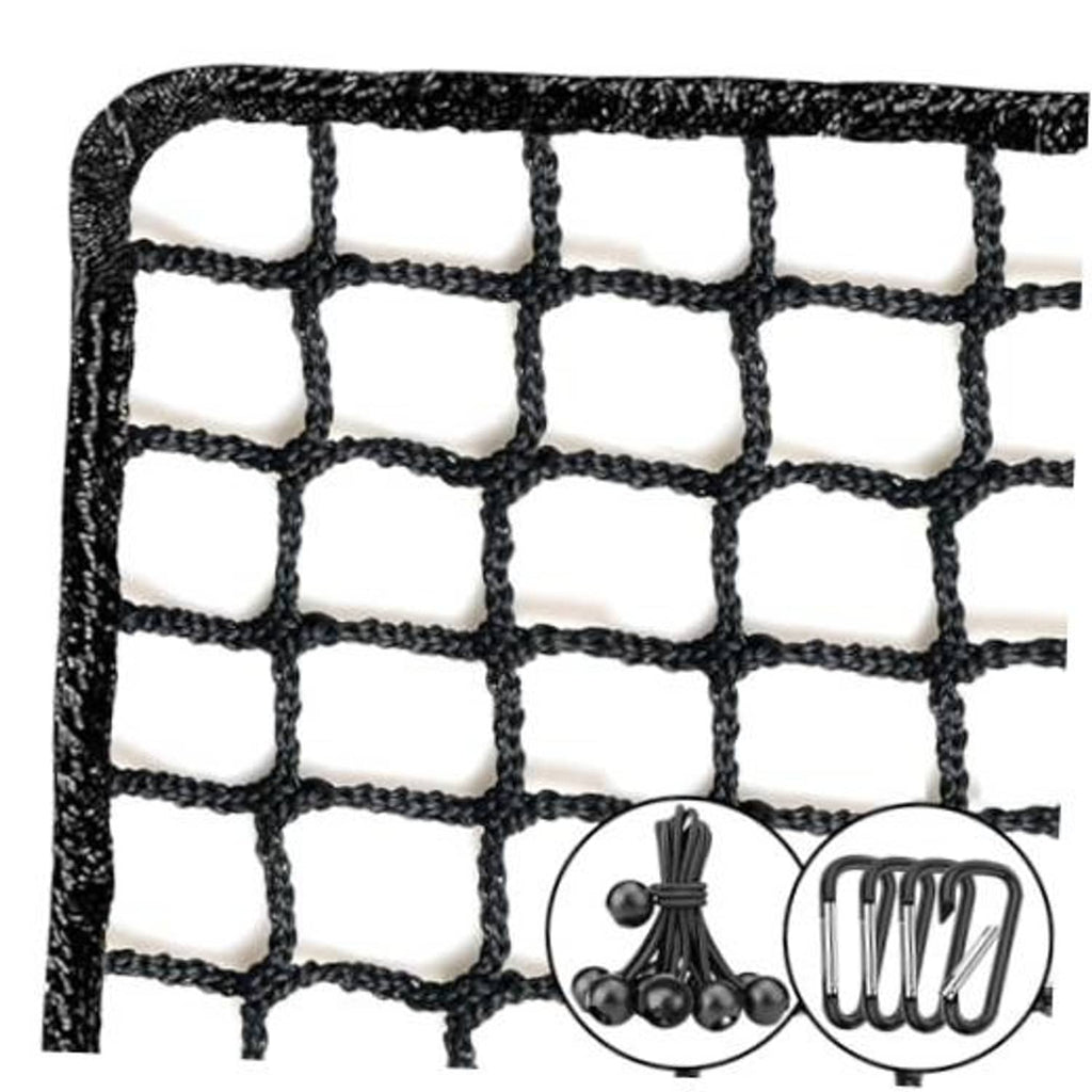 Heavy-duty sports net with black square mesh and thick rope border corner
