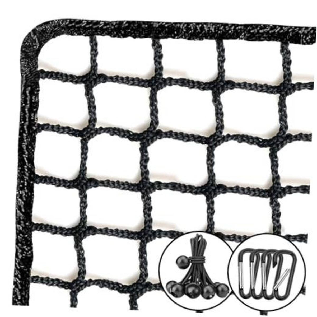 Heavy-duty sports net with black square mesh and thick rope border corner