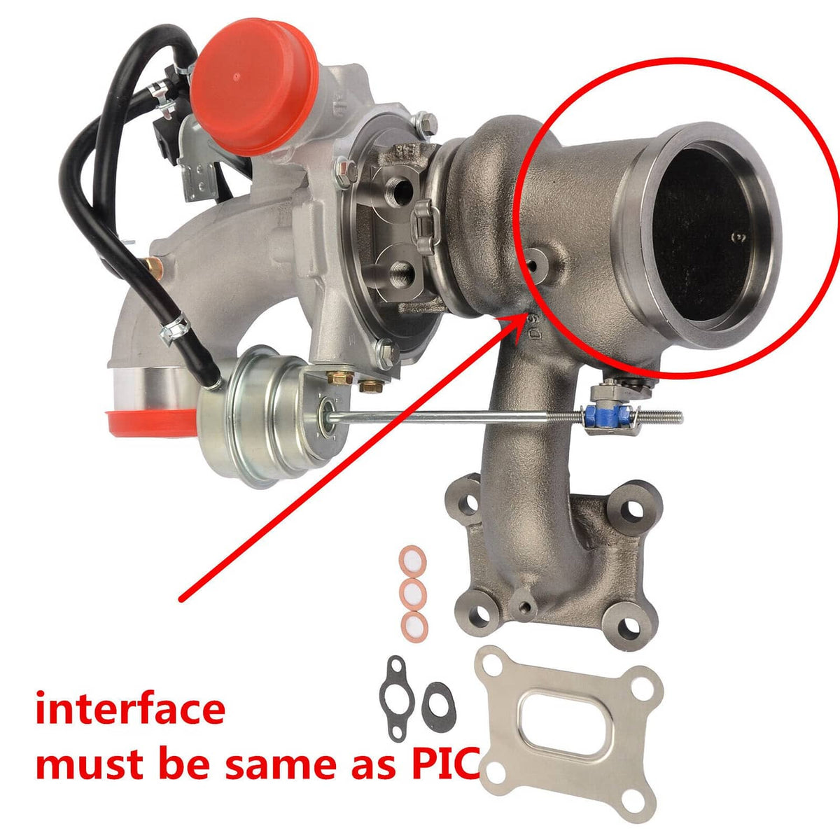 Turbocharger assembly detail highlighting intake housing connection and red cap