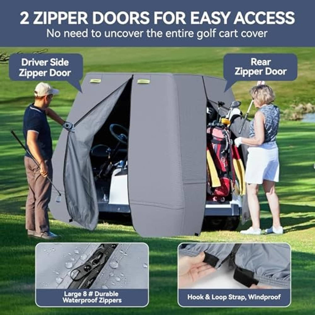 Gray golf cart cover with two zippered doors for front driver side and rear access