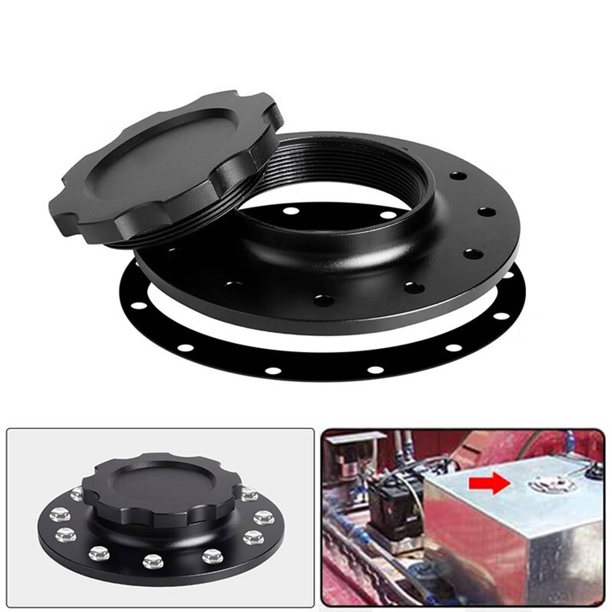 Black aluminum fuel cell cap with threaded bung opening and bolt-hole flange