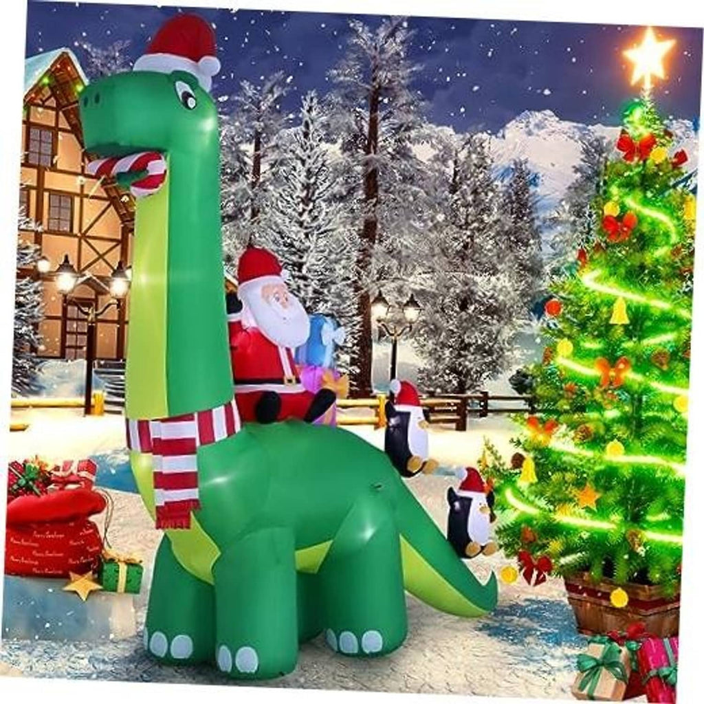 13ft green inflatable dinosaur decoration with Santa and penguin figures, outdoor-ready