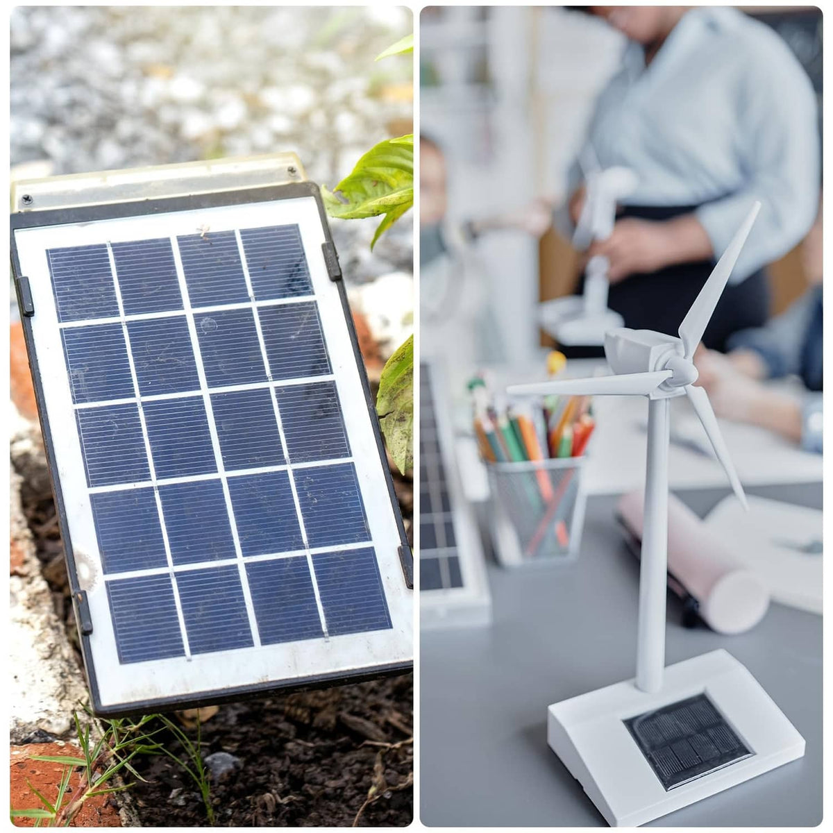 Solar panel module on soil powering a small wind turbine setup