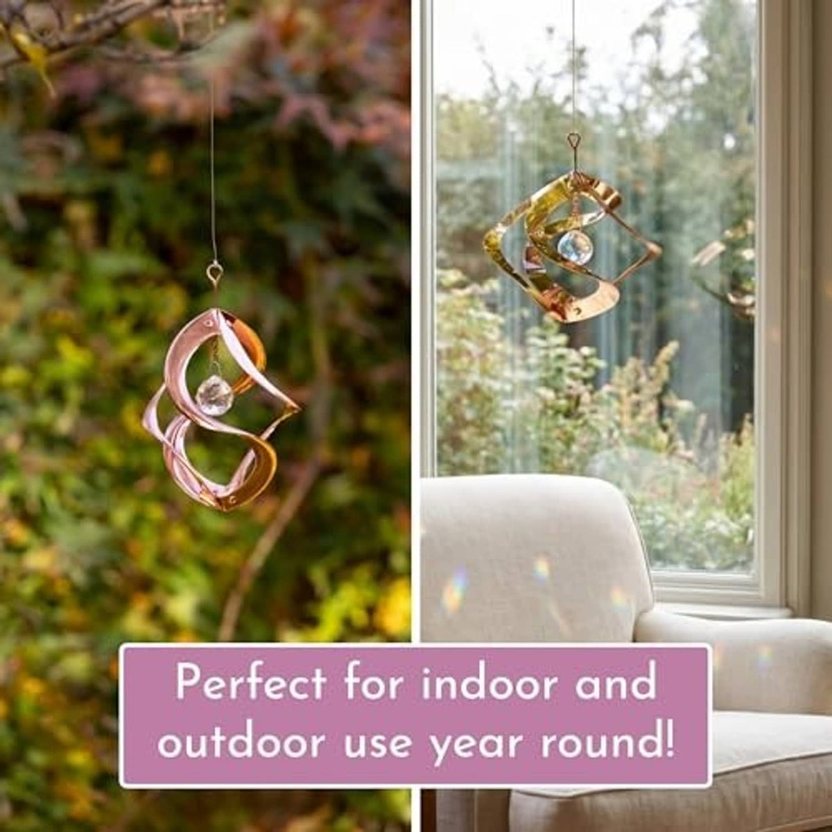 Copper wind spinner hanging outdoors with prismatic crystal globe charm