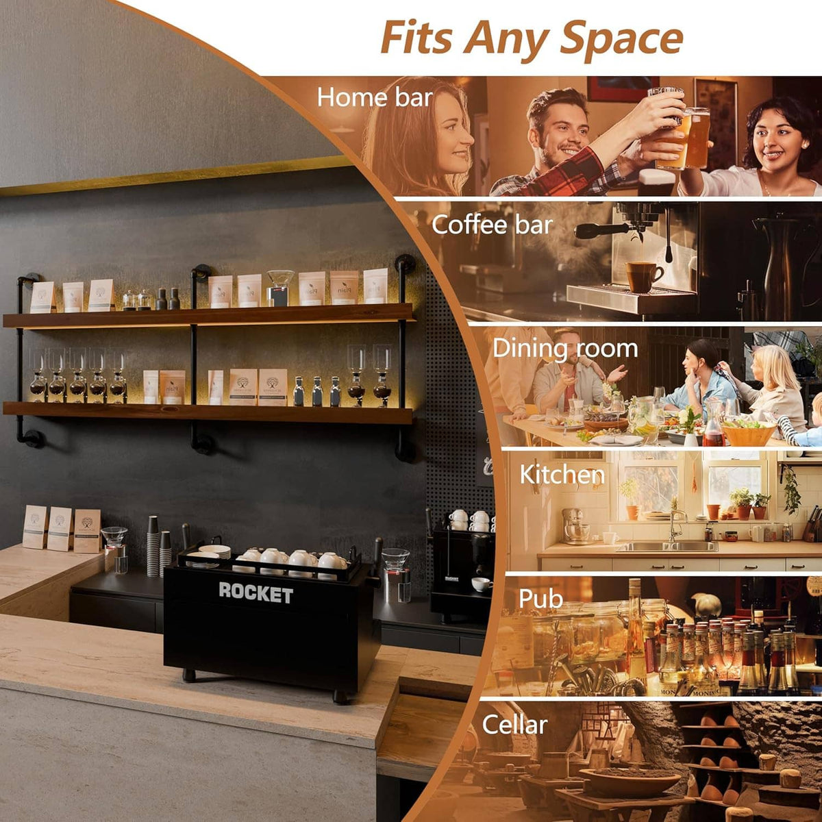 Wall-mounted 2-tier wine rack shown in home bar, kitchen, and cellar settings