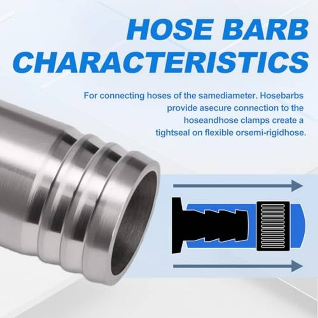 Stainless steel hose barb fitting end with barbed grooves for secure hose connection