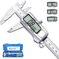 Silver digital caliper with LCD display, vernier jaws and depth blade