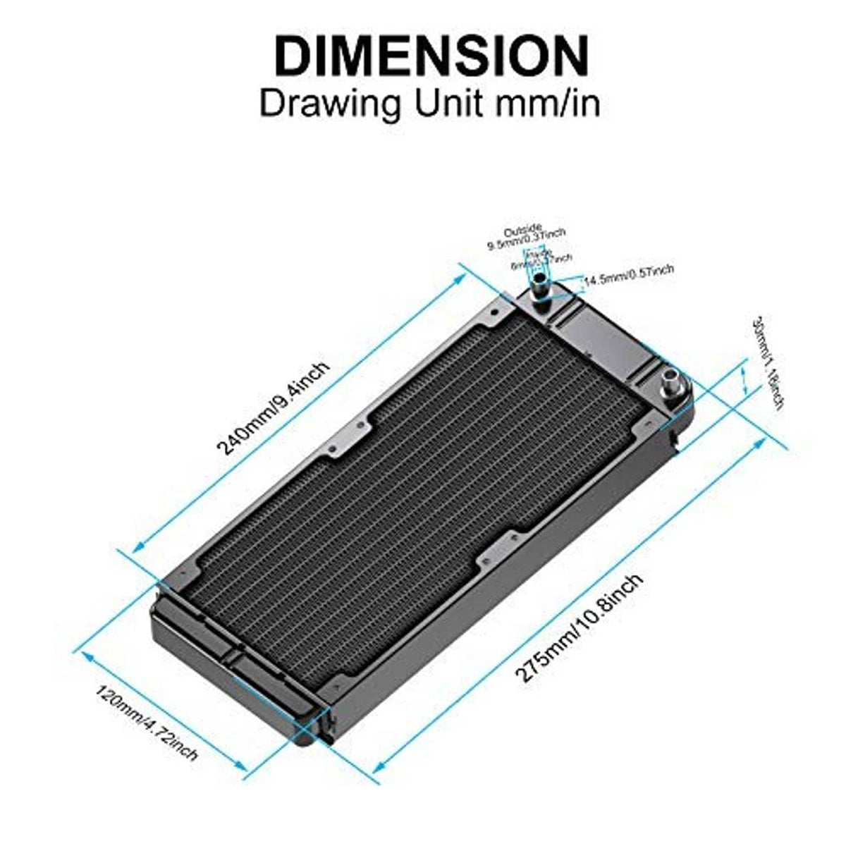 240mm water cooling radiator dimensions diagram showing fin stack and mounting corners