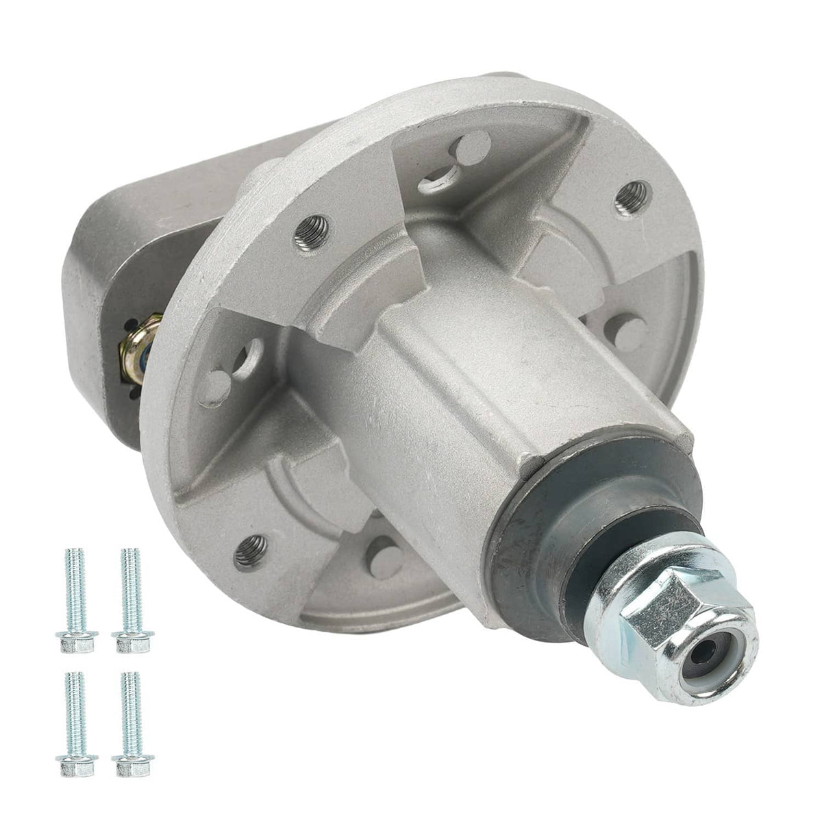 Spindle assembly with grey mounting plate and black shaft end, includes bolts