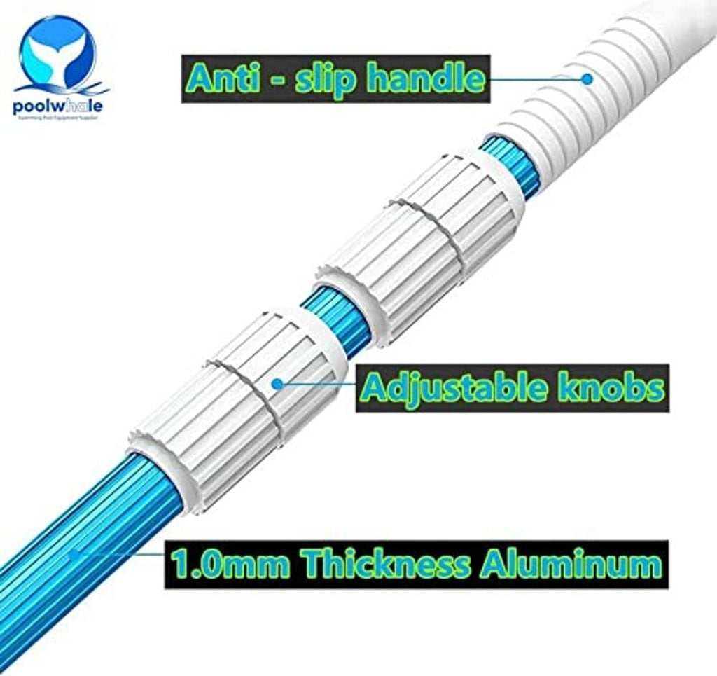 Blue and white telescopic pool pole with anti-slip grip and adjustable knobs