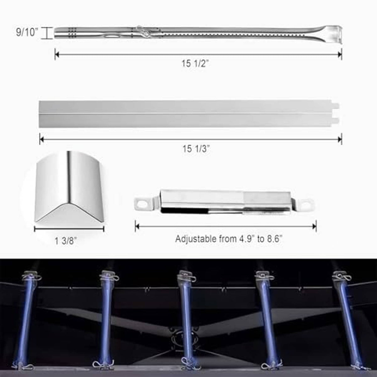 Stainless steel burner tube dimensions diagram with adjustable bracket