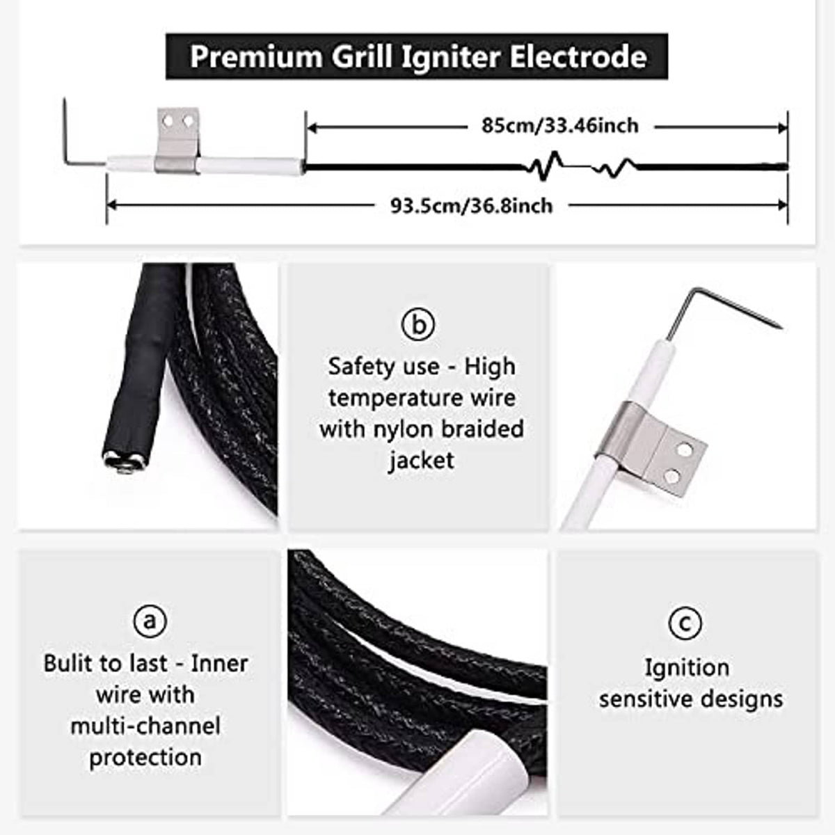 Grill igniter electrode with safety wire and ignition electrode design