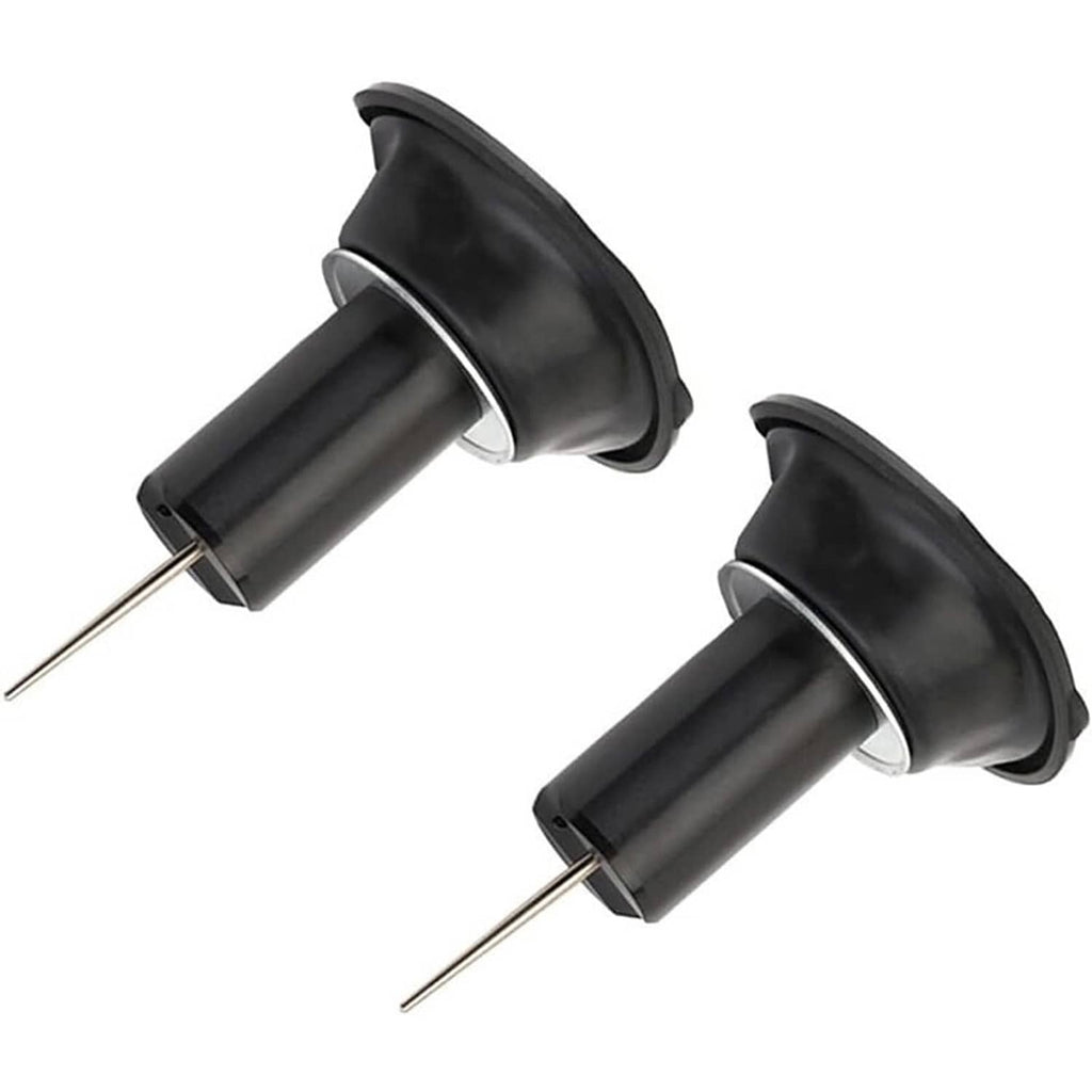 Two black carburetor intake valves with hose clamps and needle stems