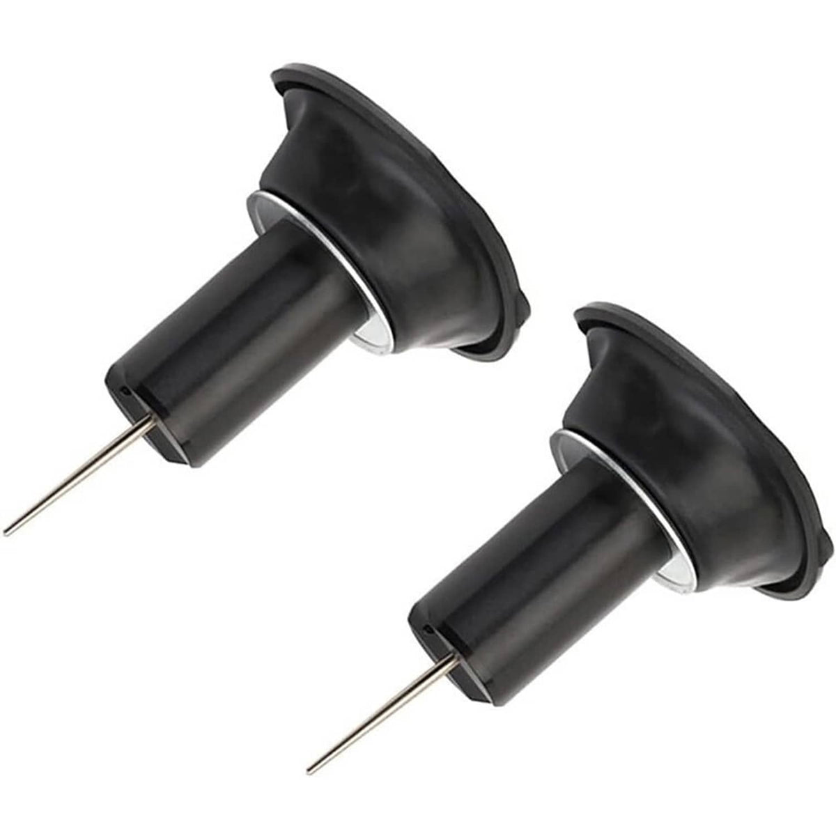 Two black carburetor intake valves with hose clamps and needle stems