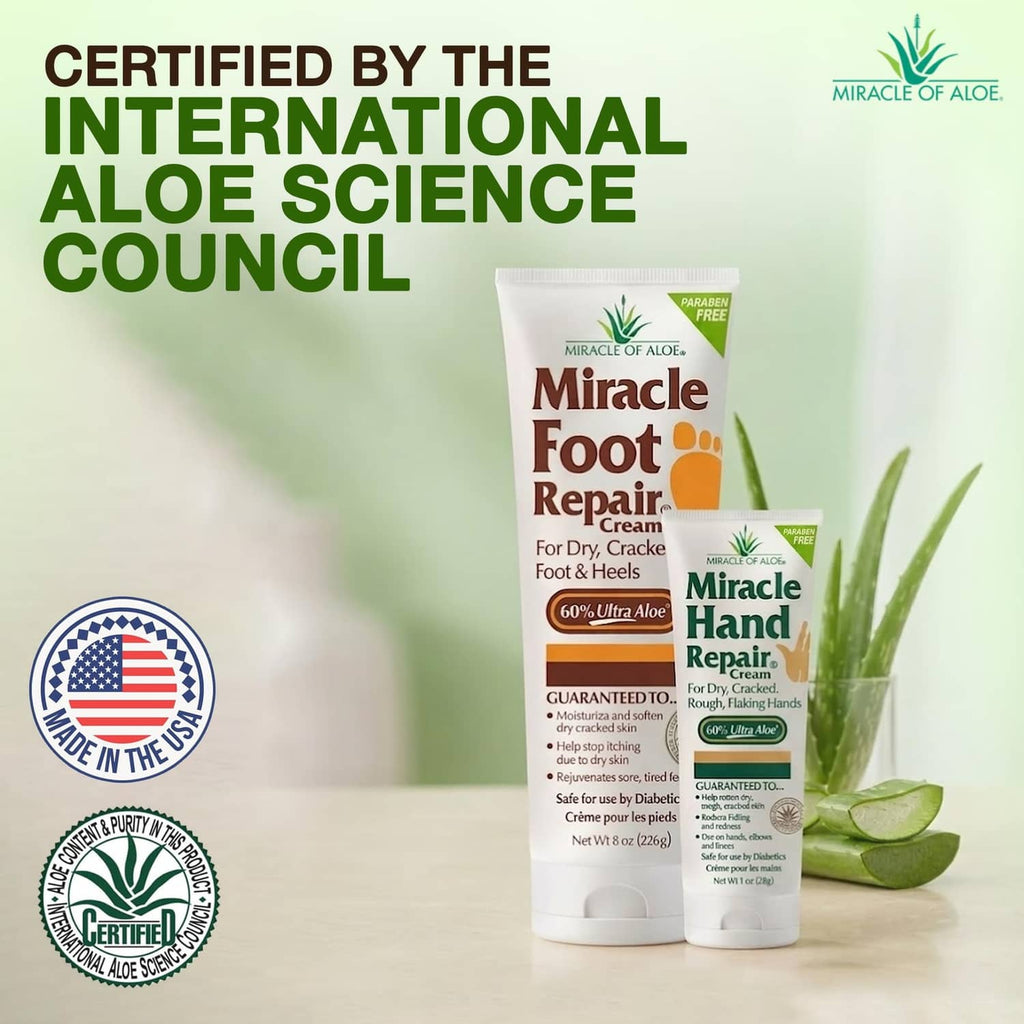 Miracle of Aloe foot repair cream and hand repair cream tubes with certification seals