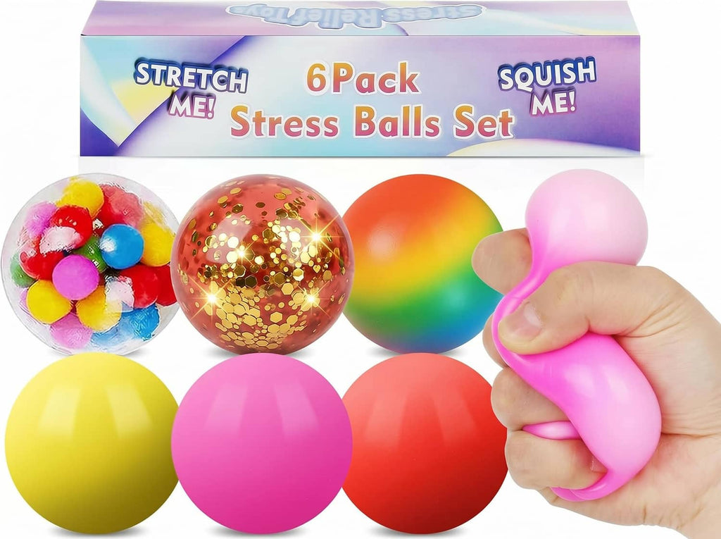 6-pack squishy stress balls, red and multicolor, assorted smooth and glitter balls