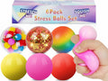 6-pack squishy stress balls, red and multicolor, assorted smooth and glitter balls