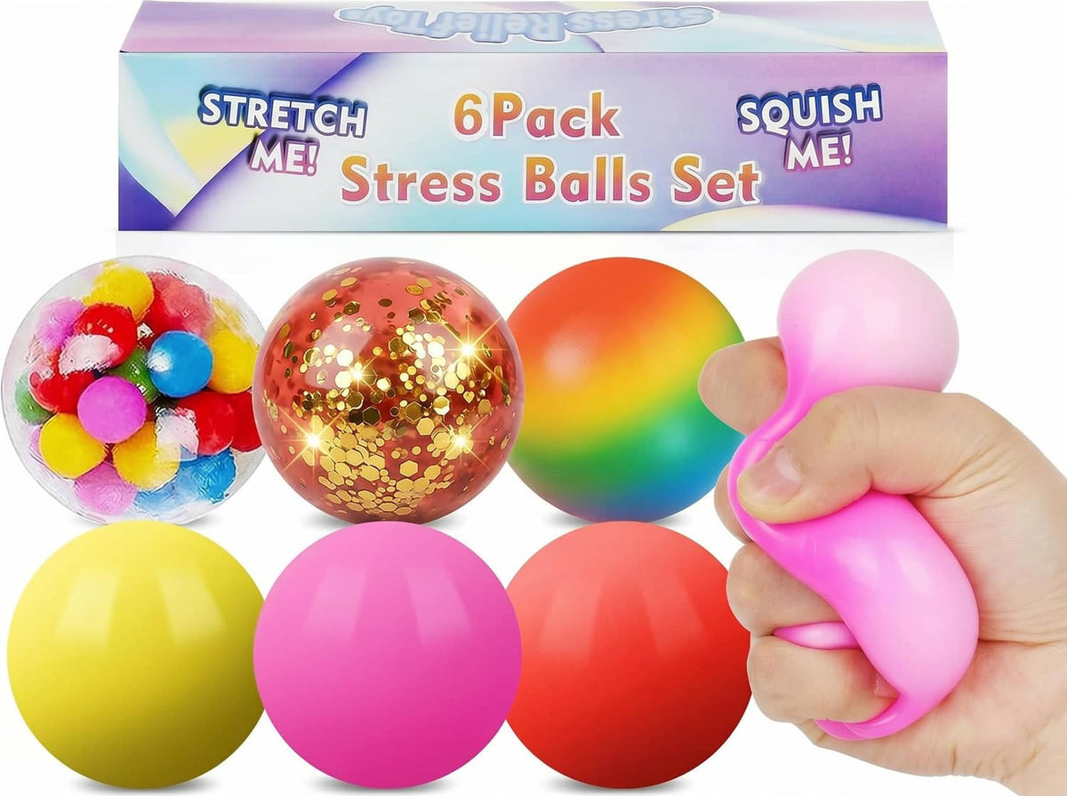 6-pack squishy stress balls, red and multicolor, assorted smooth and glitter balls