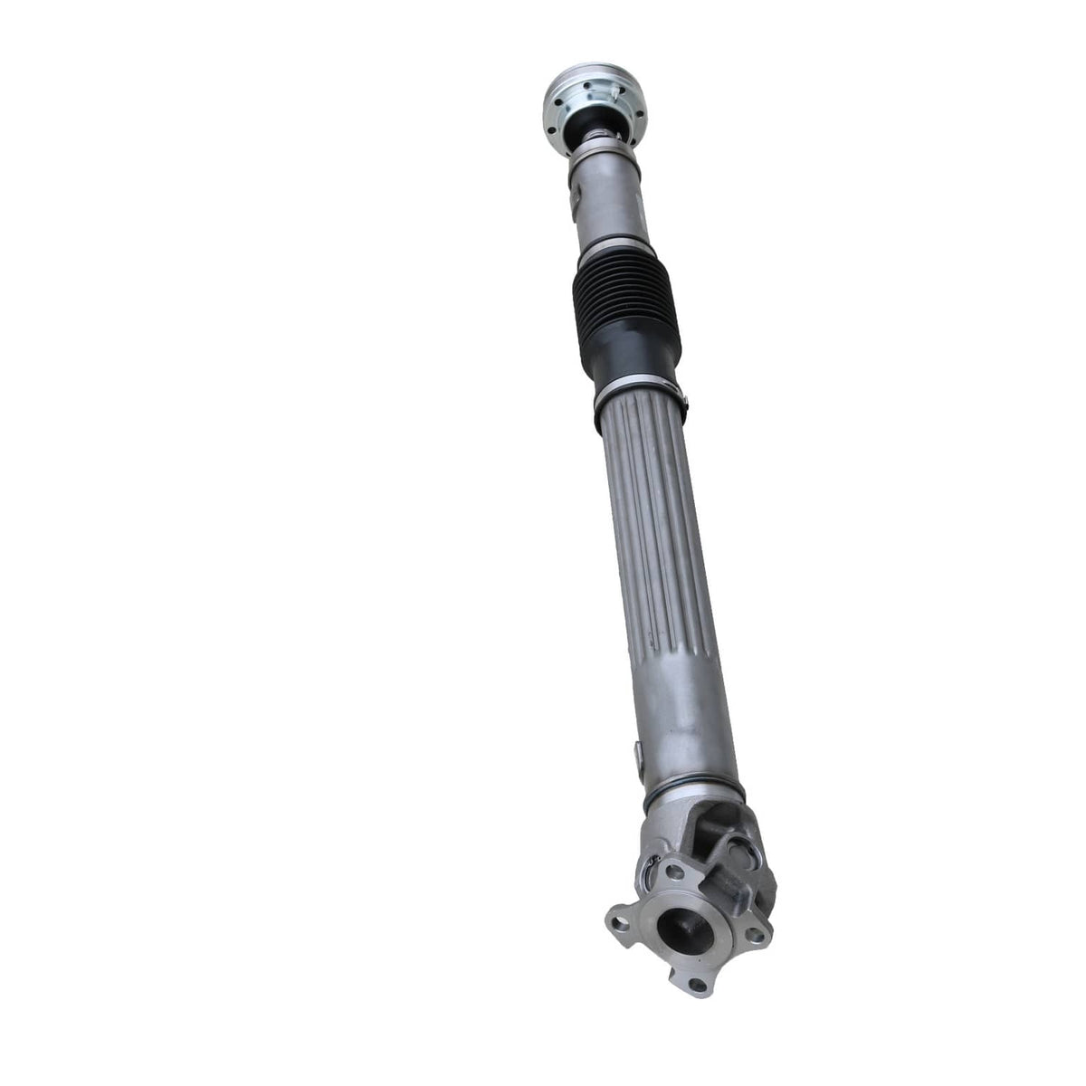 Front driveshaft with black rubber bellows and lower mounting bracket, silver metal